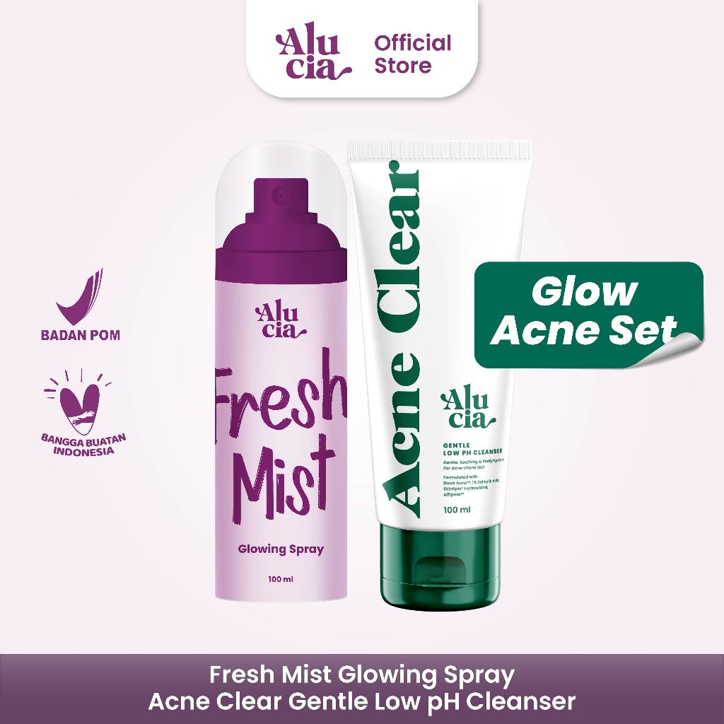 [GLOW ACNE SET] ALUCIA Fresh Mist Glowing Spray with Essence Serum + Acne Clear Gentle Low pH Cleanser with 1% Salicylic Acid Face Wash Sabun Cuci Muka Acne Prone Skin Face Spray Face Mist Hydrating Mist Toner Setting Spray Facemist by Alucia