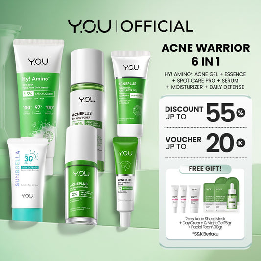 Acne Warrior 6in1 Bundle Acneplus Spot Care, Toner, Acneplus Moisturizer Gel, Serum, Hy! Amino+ 1.5% BHA Fight Acne Gel Cleanser, Sunbrella Triple UV Sunscreen