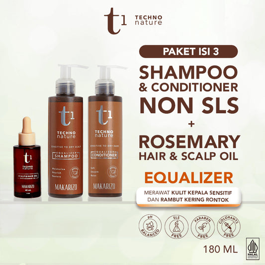 PAKET ISI 3 - Makarizo T1 Techno Nature Equalizer Shampoo & Conditioner 180 mL + Rosemary Scalp & Hair Oil 40mL