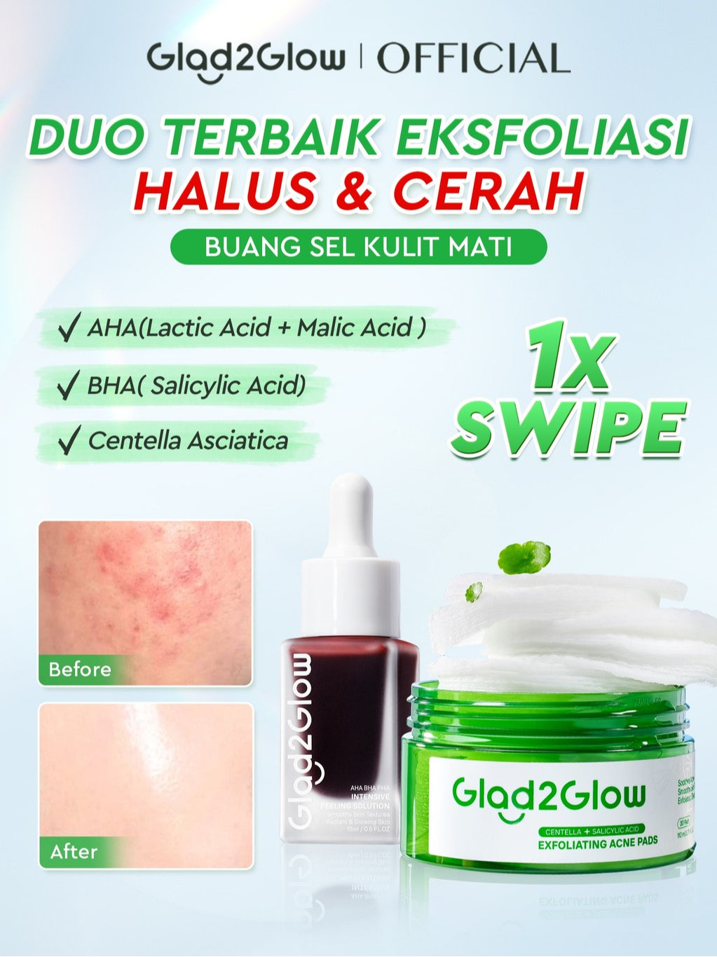 Glad2Glow Centella Salicylic Acid Exfoliating Acne Toner Pads Gentle Eksfoliasi Kulit Jerawat Kulit Sensitif (30 pads) Centella Pads Lactic Acid Malic AHA BHA Peeling Serum Acne Spot Serum Cica Acne Clear Pad Treatment Jerawat exfoliasi wajah obat jerawat