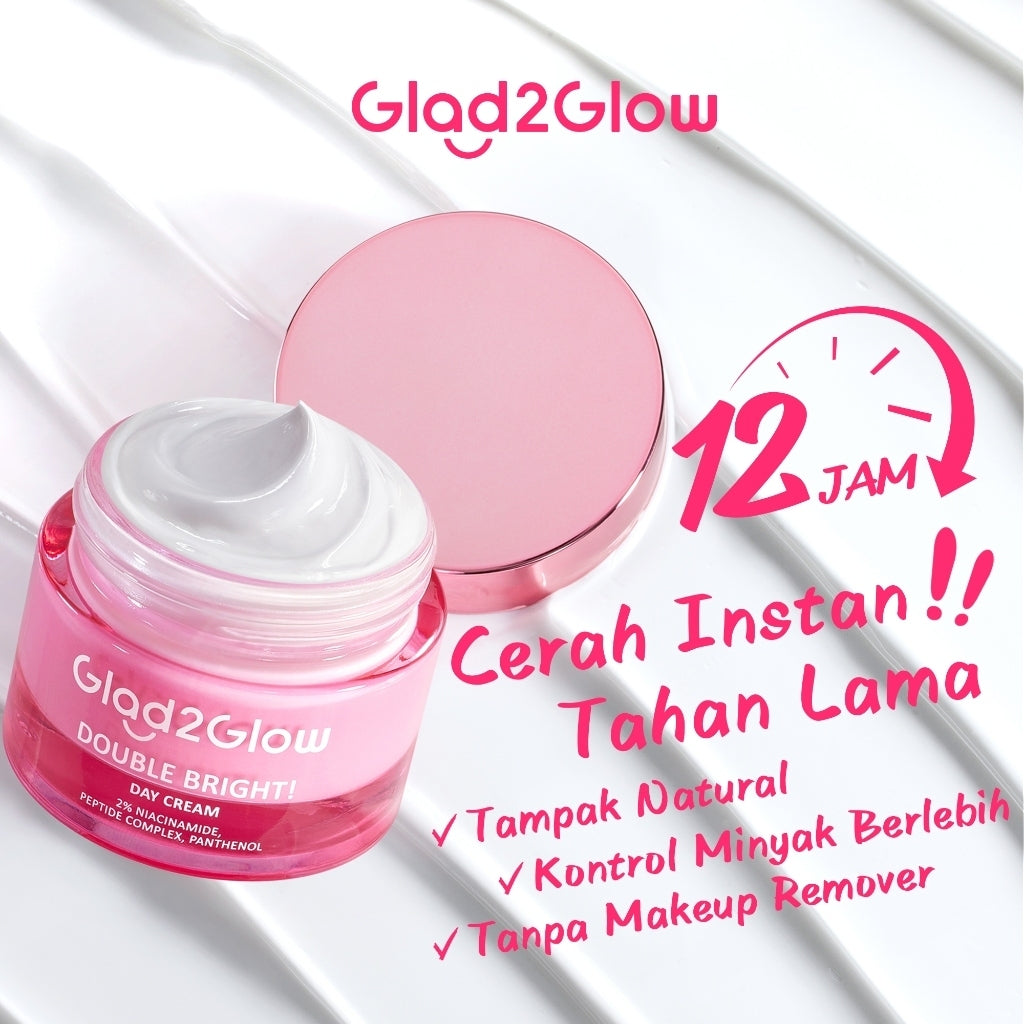 Glad2Glow Double Bright Day Cream tone up cerah Niacinamide Moisturizer brightening wajah cream pemutih wajah day cream Night Cream whitening cream skincare glowing BB cream Mencerahkan warna kulit halus g2glow official store