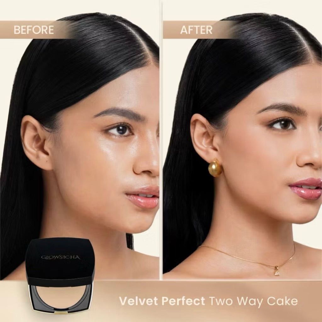 Glowsicha - Velvet Perfect Two Way Cake - Bedak Padat Mencerahkan Menyamarkan Noda Tahan Lama Ringan Glowing Matte Finish Anti Minyak Halus Lembut Cerah Merata Bedak Kulit Berminyak Makeup Harian Compact Powder Foundation