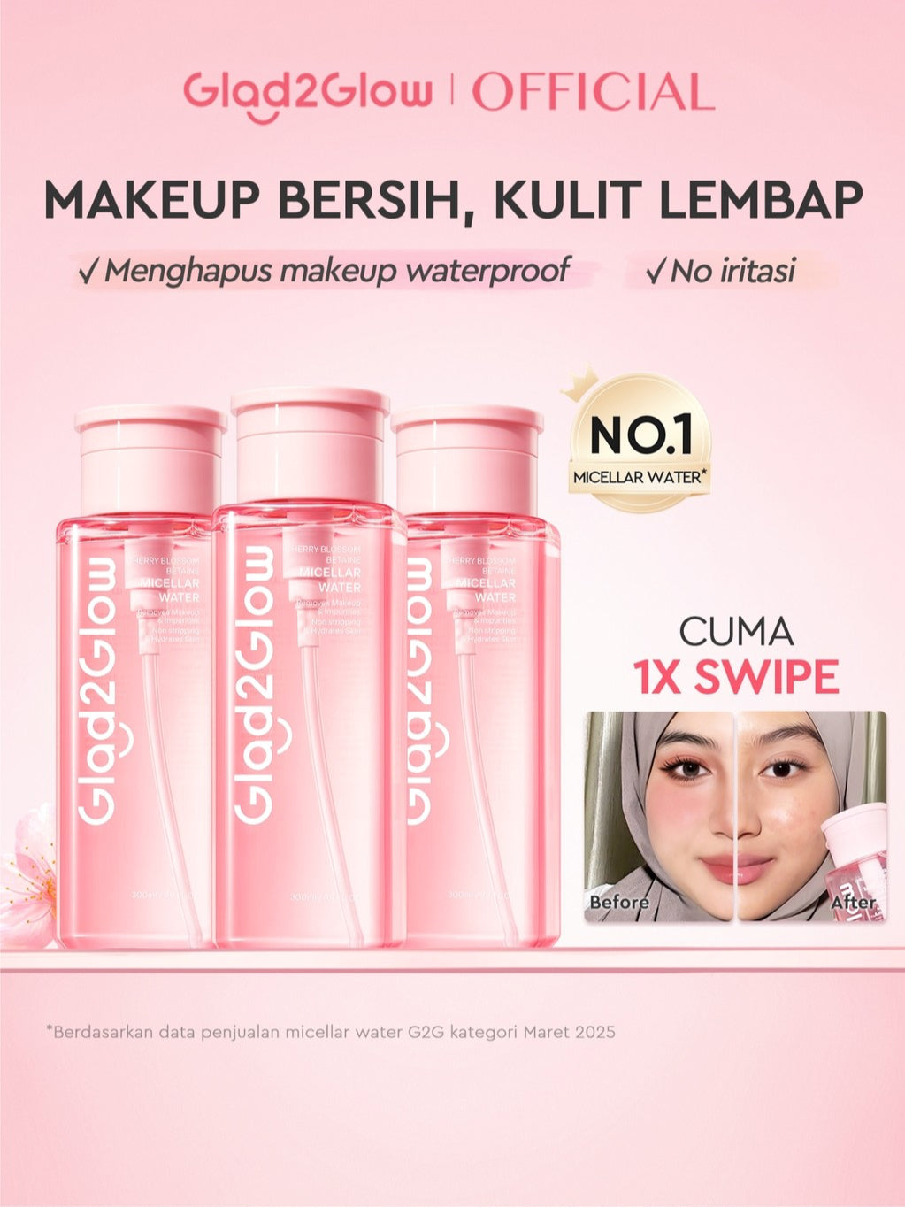 [READY STOCK] Glad2Glow Cherry Blossom Micellar Water 300ml Untuk Semua Kulit Lembut cleansing oil Penghapus Makeup Waterproof Hapus Riasan Tahan Air dengan Centella dan Tanpa Iritasi untuk Kulit Sensitif dan Berjerawat g2glow official store