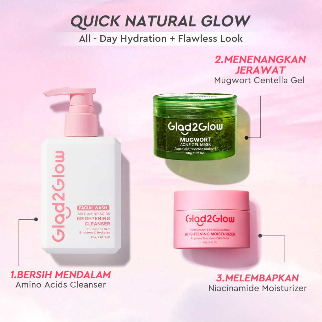 [Cocok Untuk Pemula] Glad2Glow Acne&Cerah Set Glowing  Bundle 4in1-Brightening Moisturizer+Cleanser+Mugwort acne gel mask+10%Niacinamide skincare paket pembersih perawatan kulit mencerahkan warna kulit pelembab wajah all in 1g2glow official store