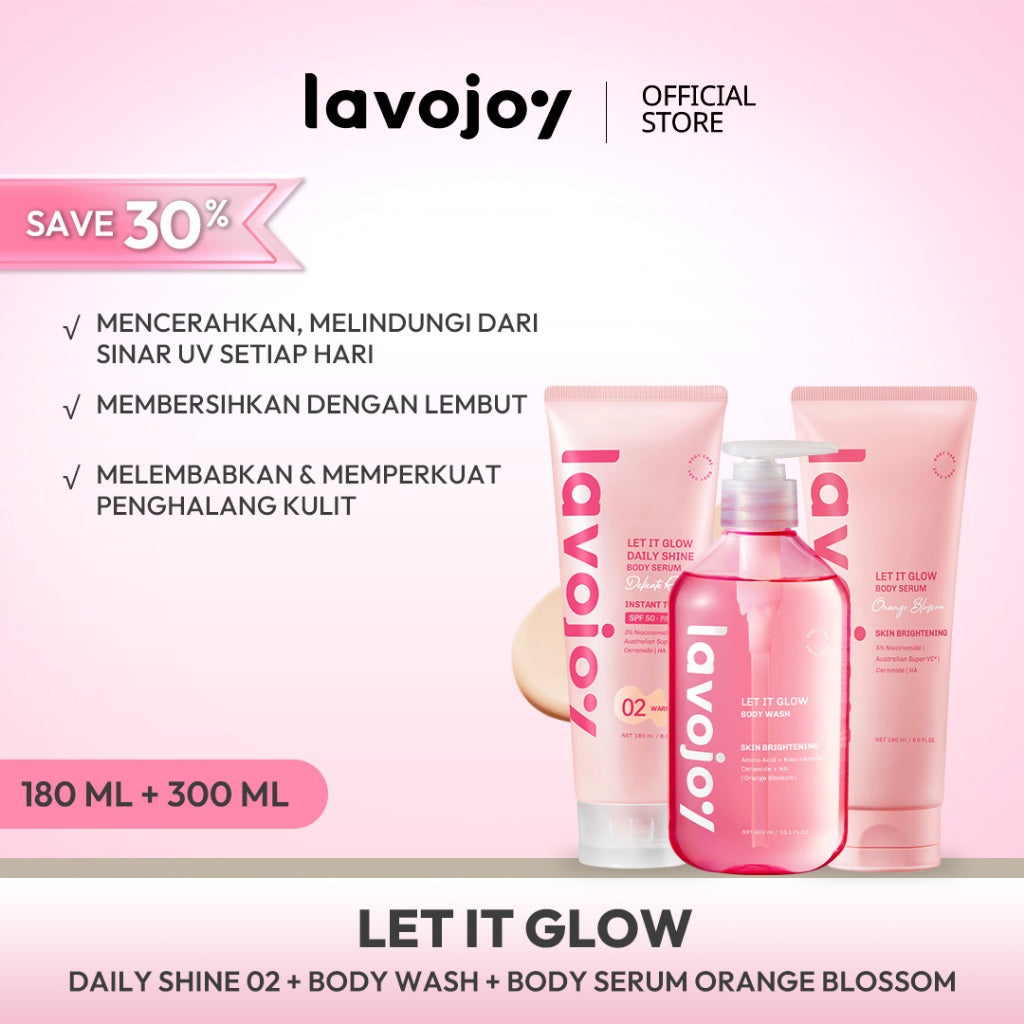 [BRIGHTENING SET] Lavojoy Let It Glow Body Serum Skin Brightening + Body Serum Instant Tone Up SPF 50 PA++++ Body Wash Skin Brightening Upgraded Version 3 in 1 Bundle Set | Mencerahkan dan Melembabkan kulit | Fresh dan Elegant