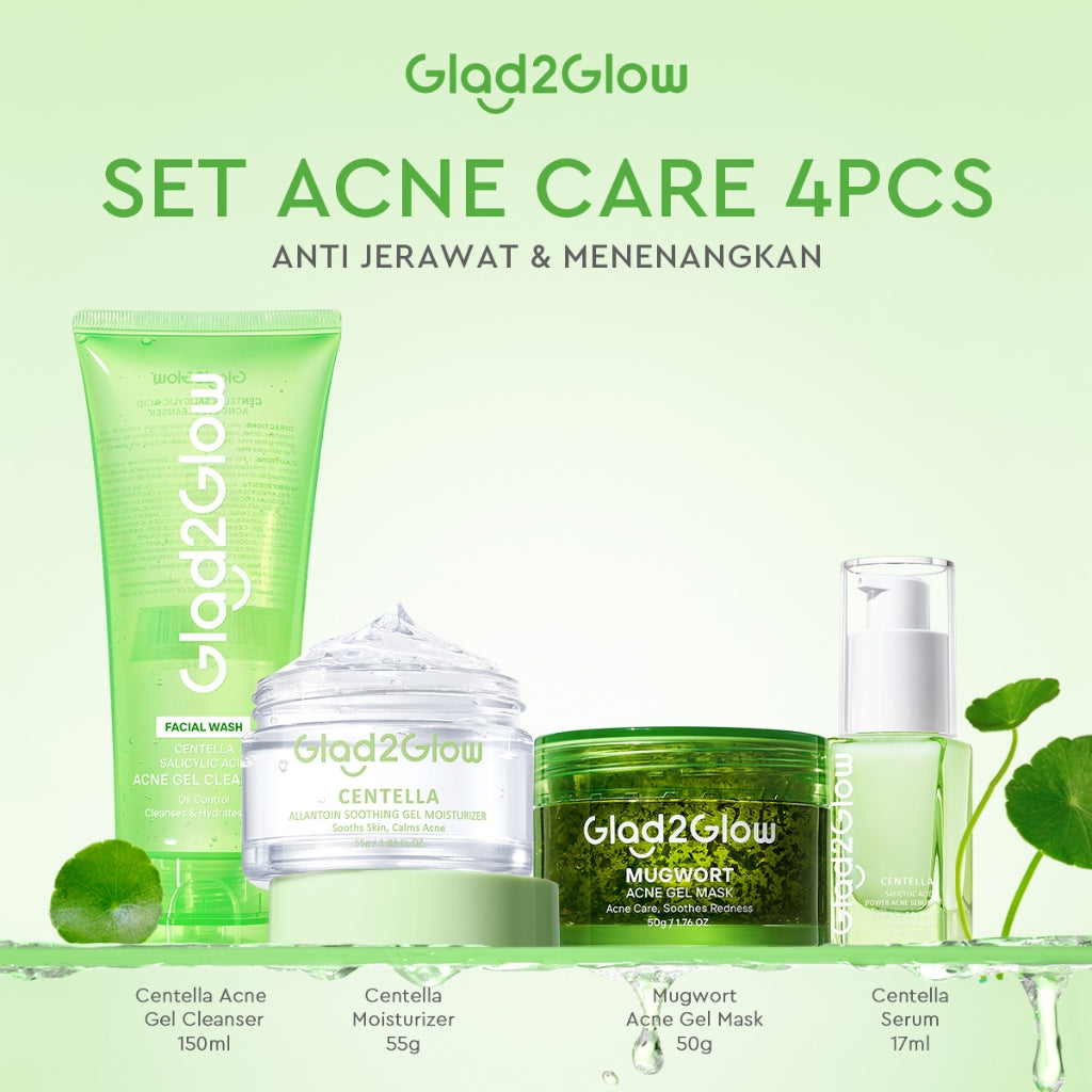 Glad2Glow Acne Jerawat Bundle 4pcs paket Centella madeca cream-Moisturizer+Serum+Cleanser+Toner Skincare Centella Masker Menghilangkan Menenangkan kemerahan pada kulit Atur Minyak BerlebihMerawat Kulit g2glow official store acnaway