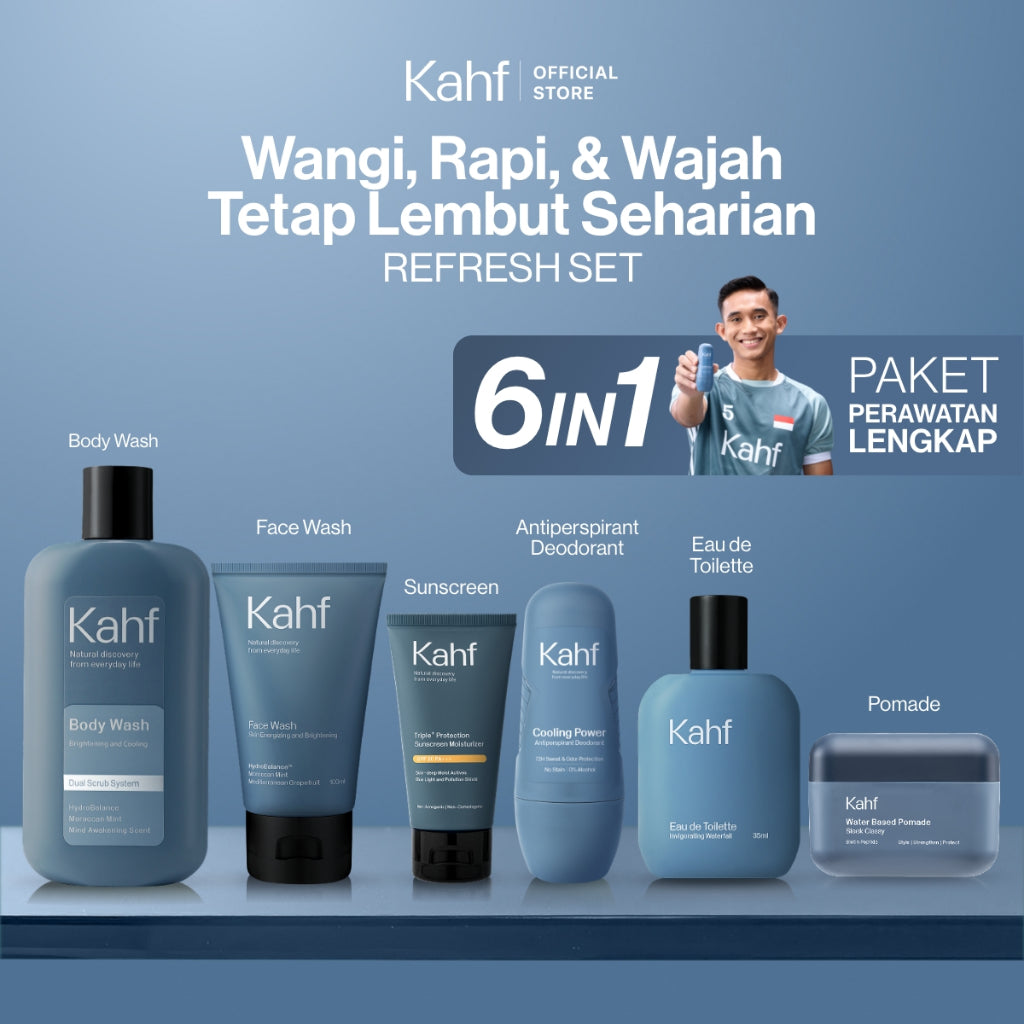 [KAHF BUNDLE 6IN1 PAKET PERAWATAN LENGKAP : WANGI, RAPI, & WAJAH TETAP LEMBUT SEHARIAN] Paket Complete Grooming (Face Wash + Sunscreen Moisturizer + Body Wash + Deodorant + EDT + Pomade/Hair Powder) - Approved by Barber and Suitable for Daily Use