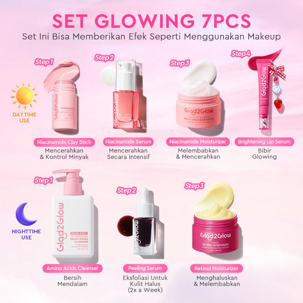 [Cocok Untuk Pemula] Glad2Glow Cerah Glowing Bundle all in 1 7in1-Brightening Moisturizer+Serum+Cleanser+toner+Peeling solution+Retinol 10%Niacinamide skincare paket pembersih perawatan kulit mencerahkan warna kulit pelembab wajah g2glow official store