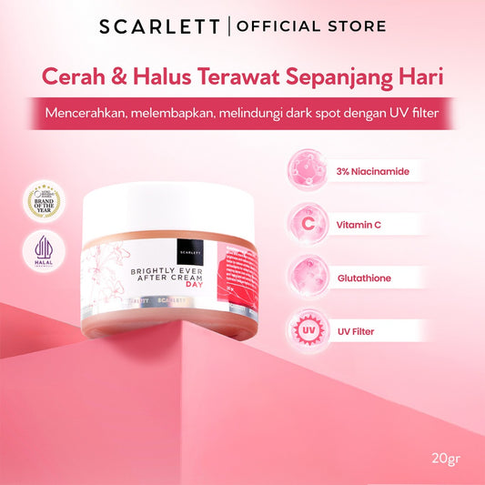 Scarlett Whitening Brightly Ever After Day Cream - Moisturizer Krim Pelembab Wajah untuk Mencerahkan Melembabkan & Memudarkan Noda Hitam di Kulit Wajah dengan Sensasi Menyegarkan || Kombinasi Glutathione & Niacinamide sebagai Pemutih Wajah