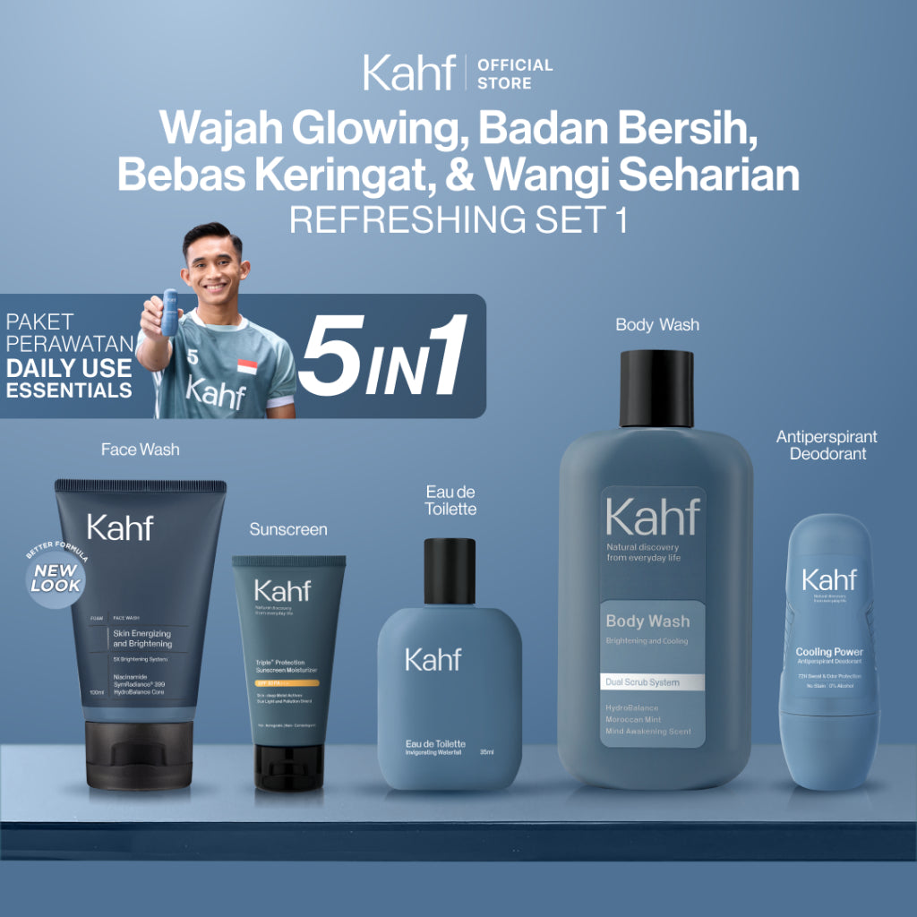[KAHF BUNDLE 5IN1 PAKET PERAWATAN DAILY USE ESSENTIALS : WAJAH GLOWING, BADAN BERSIH, BEBAS KERINGAT, & WANGI SEHARIAN] Paket Personal Care (Face Wash + Sunscreen + Body Wash + Deodorant + Eau de Toilette) - Suitable for Daily Use