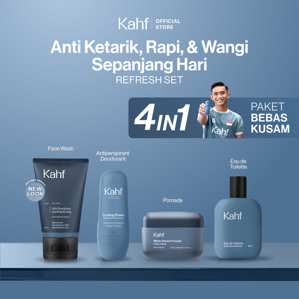[KAHF BUNDLE 4IN1 PAKET BEBAS KUSAM : ANTI KETARIK, RAPI, & WANGI SEPANJANG HARI] Paket Grooming (Pomade/Hair Powder + Face Wash + Deodorant + Eau de Toilette) - Approved by Barber and Suitable for Daily Use