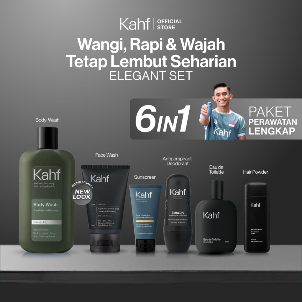 [KAHF BUNDLE 6IN1 PAKET PERAWATAN LENGKAP : WANGI, RAPI, & WAJAH TETAP LEMBUT SEHARIAN] Paket Complete Grooming (Face Wash + Sunscreen Moisturizer + Body Wash + Deodorant + EDT + Pomade/Hair Powder) - Approved by Barber and Suitable for Daily Use