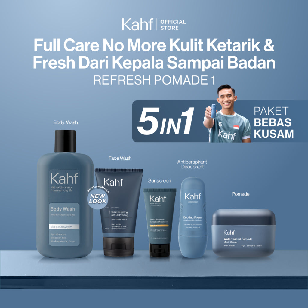 [KAHF BUNDLE 5IN1 PAKET BEBAS KUSAM : FULL CARE NO MORE KULIT KETARIK & FRESH DARI KEPALA SAMPAI BADAN] Paket Grooming (Pomade/Hair Powder + Face Wash + Sunscreen Moisturizer + Body Wash + Deodorant) - Suitable for Daily Use