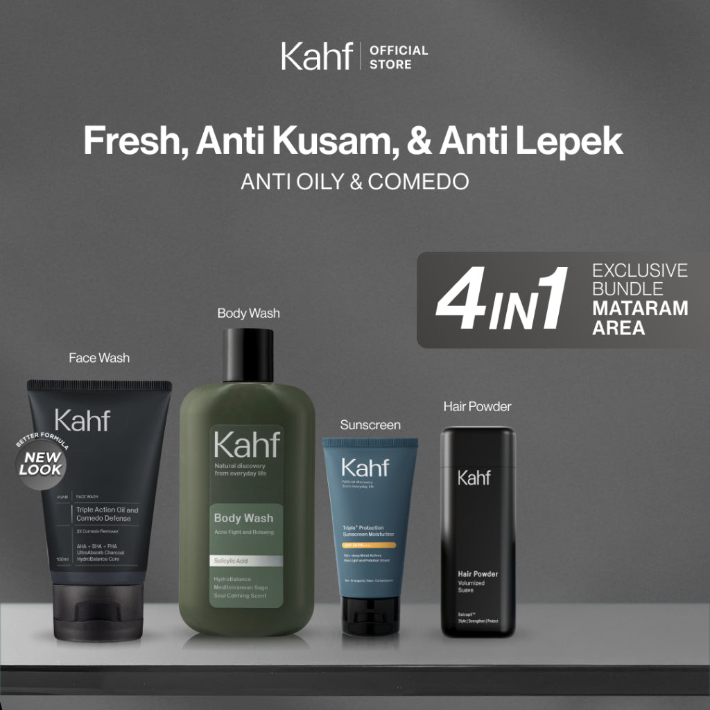 [EXCLUSIVE BUNDLE FOR MATARAM AREA] Kahf 4in1 Paket Paket Fresh, Anti Kusam, & Anti Lepek (Face Wash + Sunscreen + Pomade + Body Wash) - Approved by Barber & Suitable for Daily Use