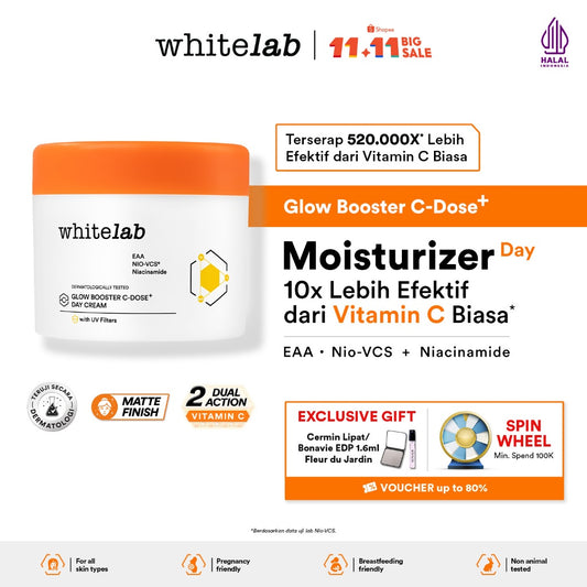 Whitelab Glow Booster C-Dose+ Day Cream - Pelembap Krim Pagi Pencerah Wajah untuk Kulit Kering dengan Niacinamide & UV Filter [BPOM]