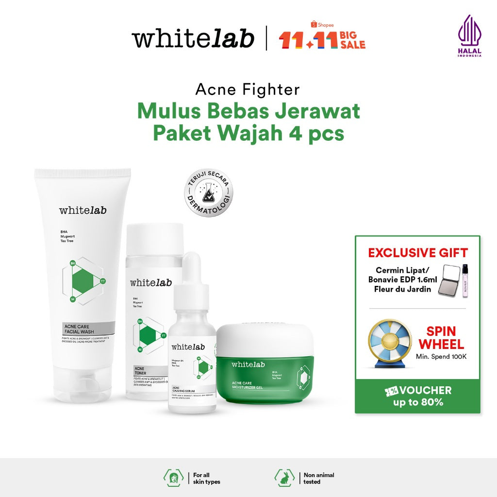 Whitelab 4 pcs Paket Acne - Facial Wash, Toner, Serum, Moisturizer Paket Skincare