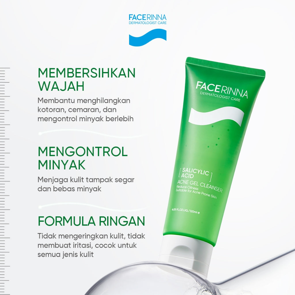 FACERINNA Salicylic Acid Acne Gel Cleanser 70ml / 120ml  | Gentle Sabun Cuci Muka Menenangkan Jerawat Mengontrol Minyak & Menghilangkan Komedo Oil Control Clean Calming Down Facial Wash Skincare Face Wash Cleansing Balm Pembersih Wajah  | Panthenol Gentl