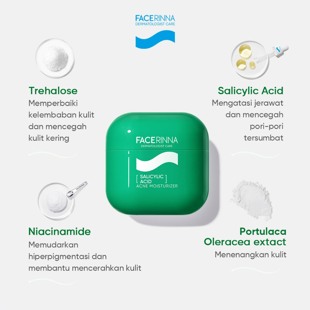FACERINNA Salicylic Acid Acne Moisturizer | Pelembab Wajah Anti Jerawat Melawan & Mencegah Jerawat Meredakan Peradangan Membuka Pori Mengontrol Minyak Menghaluskan Tekstur Kulit Melembapkan Cepat Menyerap Skincare BPOM with Niacinamide Kulit Berminyak