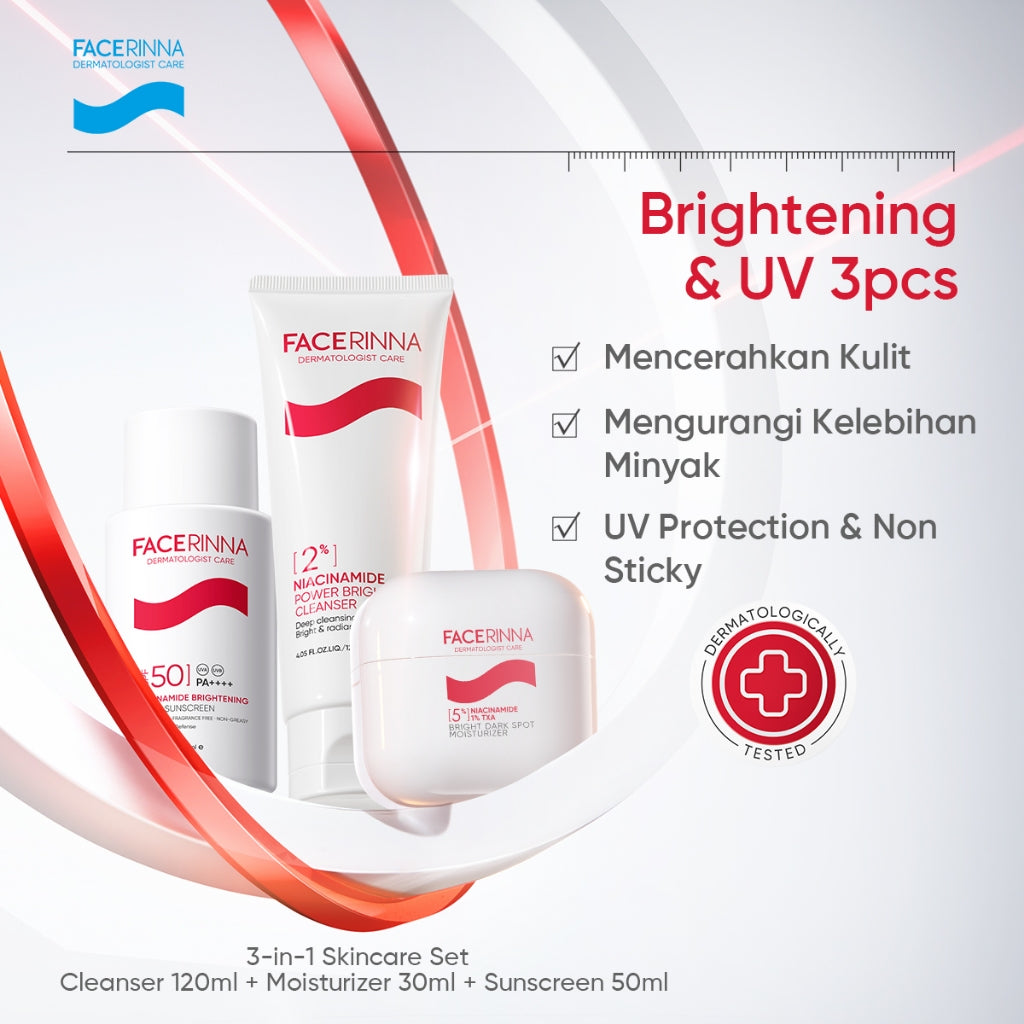 FACERINNA 3pcs Skincare Set | Moisturizer + Cleanser + Sunscreen | Low pH Gentle Panthenol Facial Wash B5 Repair Niacinamide Brightening Salicylic Acid Acne Control Menjaga Skin Barrier Menenangkan kulit kering Hydrating Brightening Exfoliating Sabun Muka