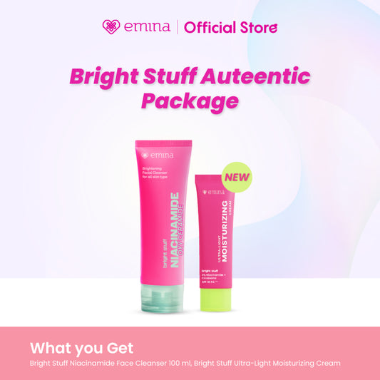 Emina Bright Stuff Auteentic Package: Bright Stuff Niacinamide Oxy Ceramide Brightening Face Wash dan Moisturizer Cream - Paket Perawatan Skincare Mencerahkan dan melembabkan