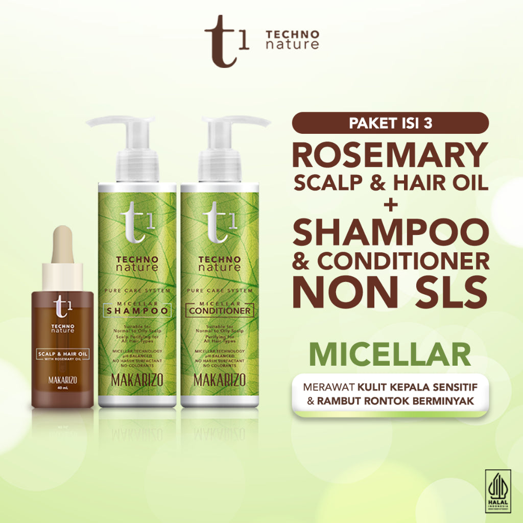 PAKET ISI 3 - Makarizo T1 Techno Nature Micellar Shampoo & Conditioner 180 mL + Rosemary Scalp & Hair Oil 40mL