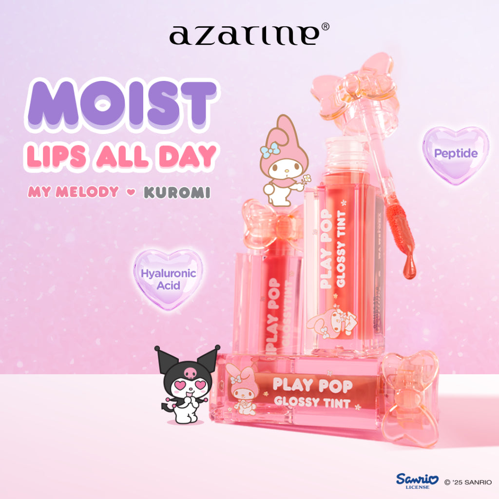 Azarine Gloss The Sun [2 PCS] Play Pop Glossy Tint Liptint Glossy Tahan Lama Extra Moisturizing Hyaluronic Acid Peptide Melembabkan Menutrisi Bibir Kering + Sunscreen Best Seller untuk Semua Jenis Kulit