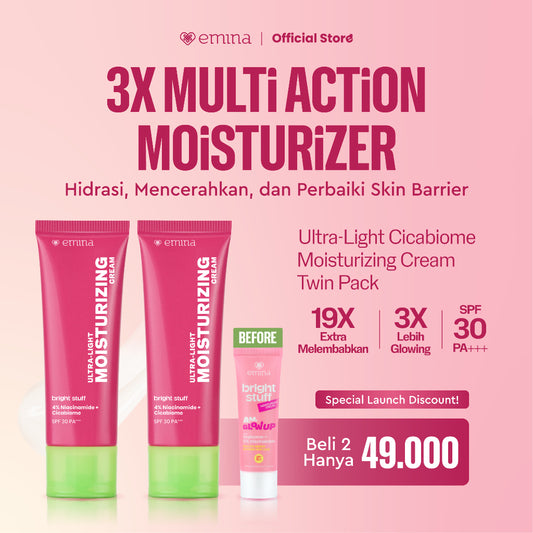 NEW! [Twin Pack] Emina Bright Stuff Ultra-Light Moisturizing Cream 20 ml - Pelembab Wajah Mencerahkan, Mengandung SPF 30 PA+++, Melindungi dari Sinar UV, Melembapkan, Cepat Meresap, Cerah Instan, Menyamarkan Noda Hitam, Cocok untuk Semua Jenis Kulit