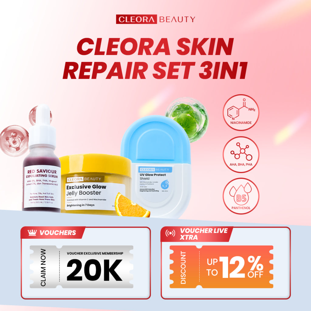 [3IN1 HEMAT] Cleora Skin Repair Set - Skincare Wajah Kusam Mencerahkan Peeling Solution Serum Mengangkat Sel Kulit Mati Eksfoliasi Jerawat Acne Exfoliasi Moisturizer Sunscreen Brightening Perawatan Kulit Melindungi Dari Sinar Matahari UVA UVB Day Cream
