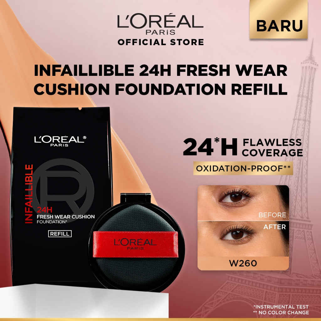 [BARU!] L'Oreal Paris Infaillible Cushion Foundation 24H - flawless coverage,  Cushion dengan hasil yang nyaman tersedia dalam 10 shades cocok untuk kulit indonesia.