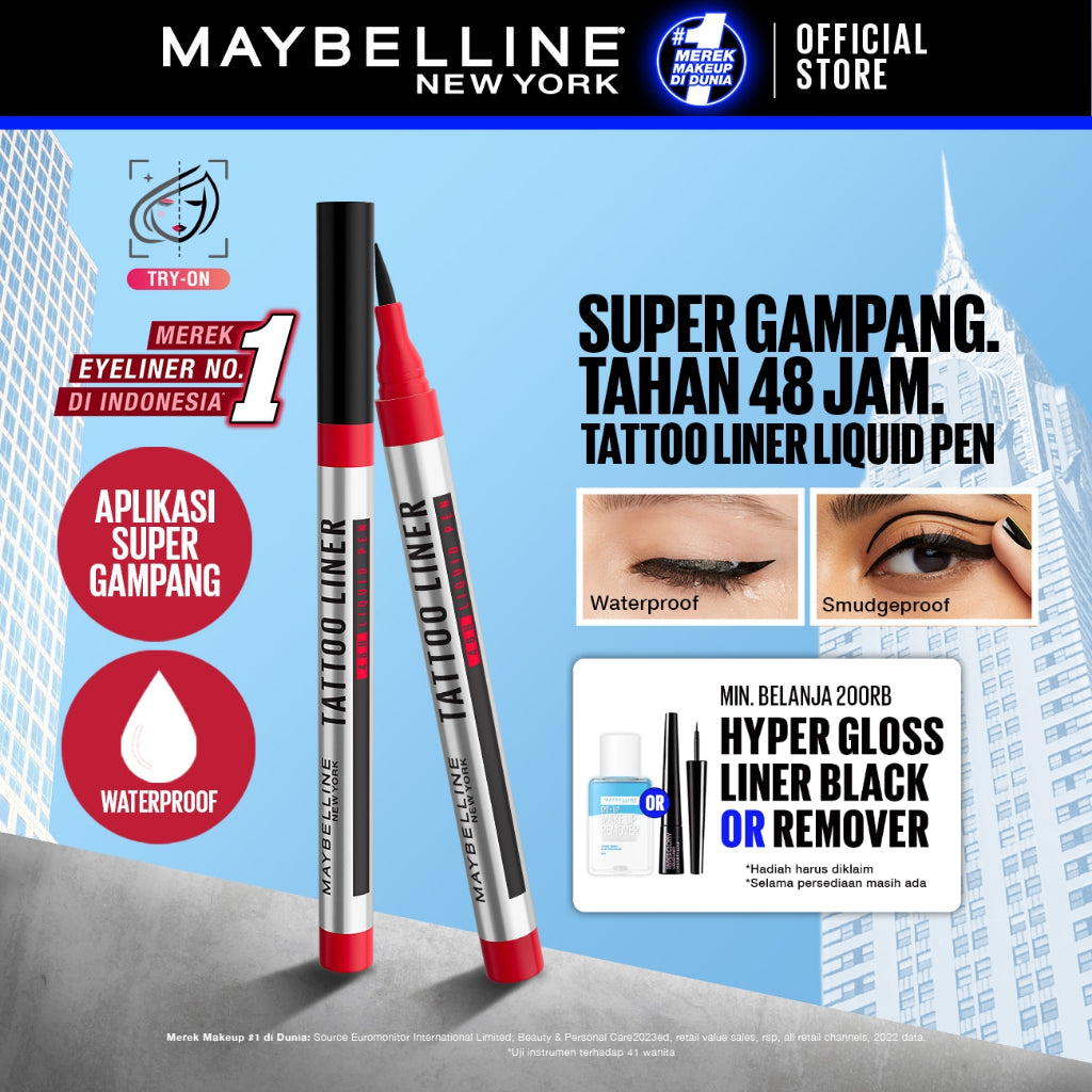 MAYBELLINE OFFICIAL Tattoo Liner 48H Liquid Pen Eyeliner Waterproof Make up Line Tattoo High Impact Tahan Lama 48 Jam Hitam Superstay Matte Vinyl Ink