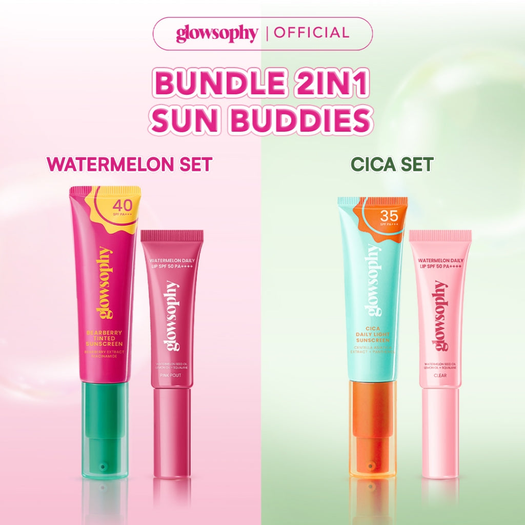 Glowshopy Bundle 2in1 Sun Buddies Lip SPF + Sunscreen 100ml - Melindungi dari sinar UVB dan UVA, Menjaga bibir tetap lembap, lembut, dan sehat, Kilau natural untuk bibir lembut dan tampak sehat sepanjang hari