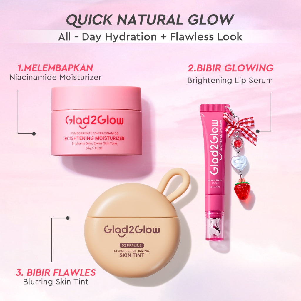 [NEW LAUNCH]Glad2Glow Natural Glowing Set Bundle 4in1-Brightening Moisturizer+Cleanser+lip serum+skin tint 10%Niacinamide skincare paket pembersih perawatan kulit mencerahkan warna kulit pelembab wajah all in 1g2glow official store