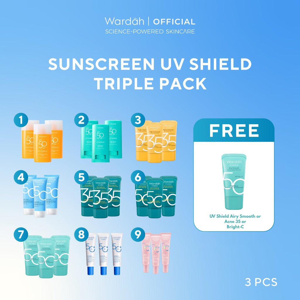 [TRIPLE PACK] Wardah UV Shield Sunscreen SPF 35 SPF 50 Airy Smooth Essential Gel Acne Calming Aqua Fresh Tone Up Physical - Skincare