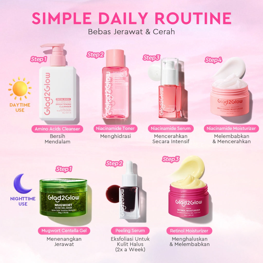 [Cocok Untuk Pemula] Glad2Glow Cerah Glowing Bundle all in 1 7in1-Brightening Moisturizer+Serum+Cleanser+toner+Peeling solution+Retinol 10%Niacinamide skincare paket pembersih perawatan kulit mencerahkan warna kulit pelembab wajah g2glow official store