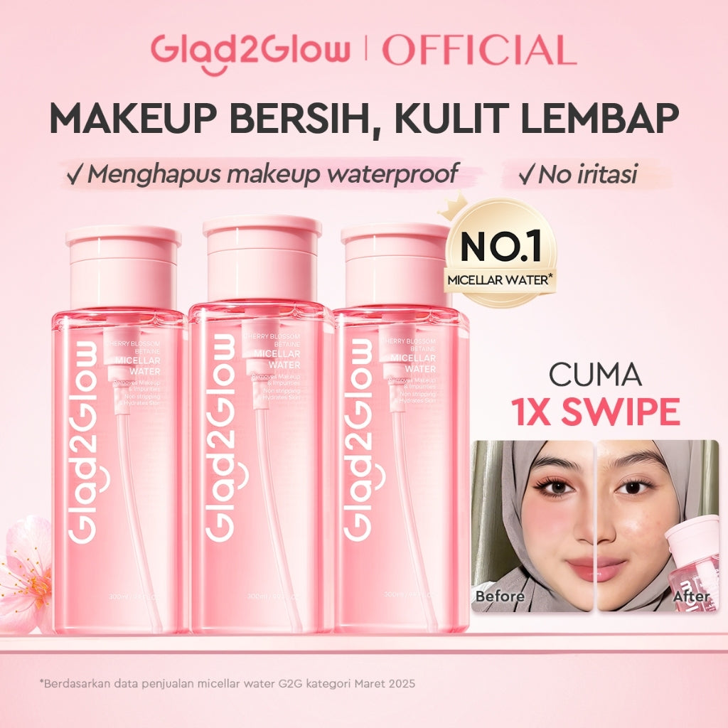[READY STOCK] Glad2Glow Cherry Blossom Micellar Water 300ml Untuk Semua Kulit Lembut cleansing oil Penghapus Makeup Waterproof Hapus Riasan Tahan Air dengan Centella dan Tanpa Iritasi untuk Kulit Sensitif dan Berjerawat g2glow official store
