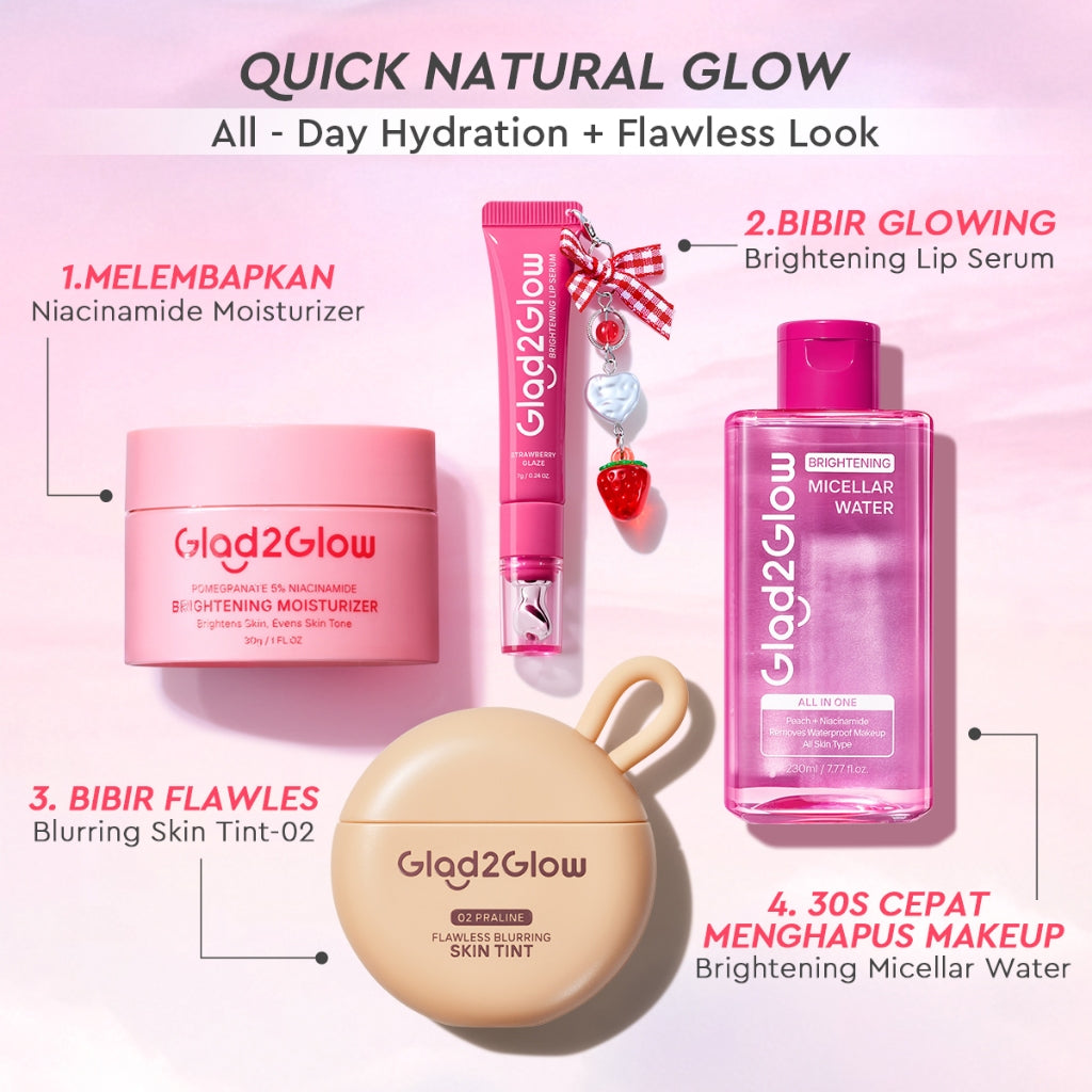 [NEW LAUNCH]Glad2Glow Natural Glowing Set Bundle 4in1-Brightening Moisturizer+Cleanser+lip serum+skin tint 10%Niacinamide skincare paket pembersih perawatan kulit mencerahkan warna kulit pelembab wajah all in 1g2glow official store