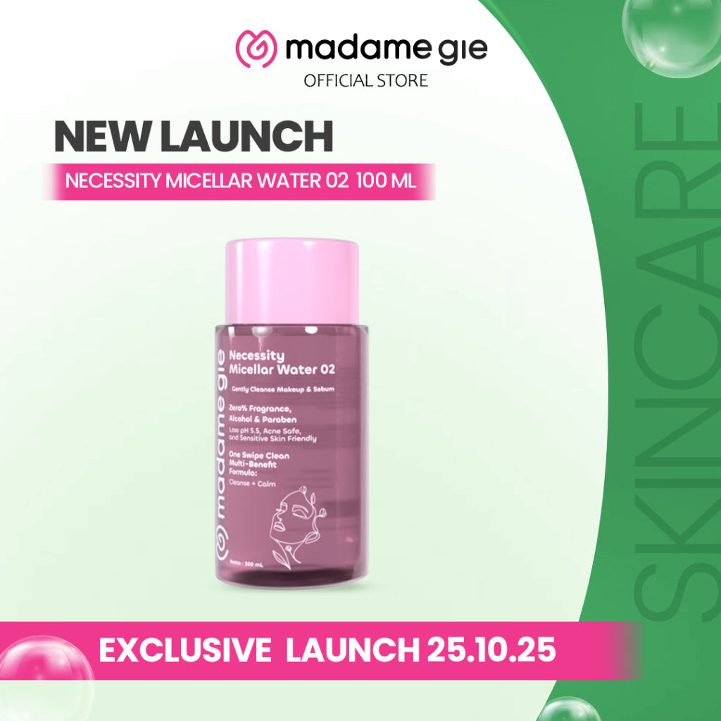 [LS] [NEW LAUNCH] Madame Gie Necessity Micellar Water 02 100ML- Makeup Remover Cleanse & Calm | Low pH 5,5 | Pembersih Wajah untuk Kulit Berminyak, Berjerawat & Tanpa Tertarik | Acne Safe and Sensitive Skin Friendly | Tanpa Alkohol & Parfum