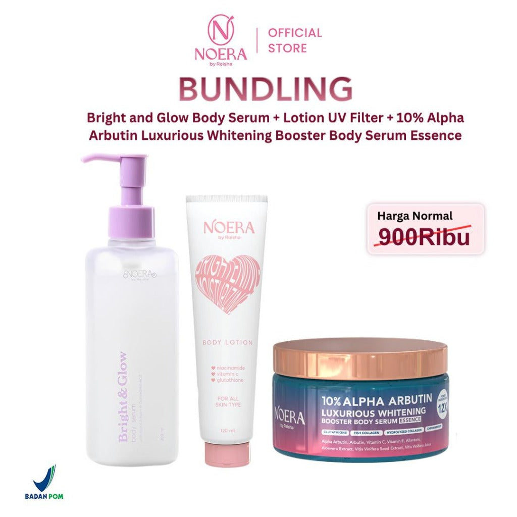 Noera Bundling Bright & Glow Body Serum + Lotion UV Filter + 10% ALPHA ARBUTIN Luxurious Whitening Booster Body Serum Essence