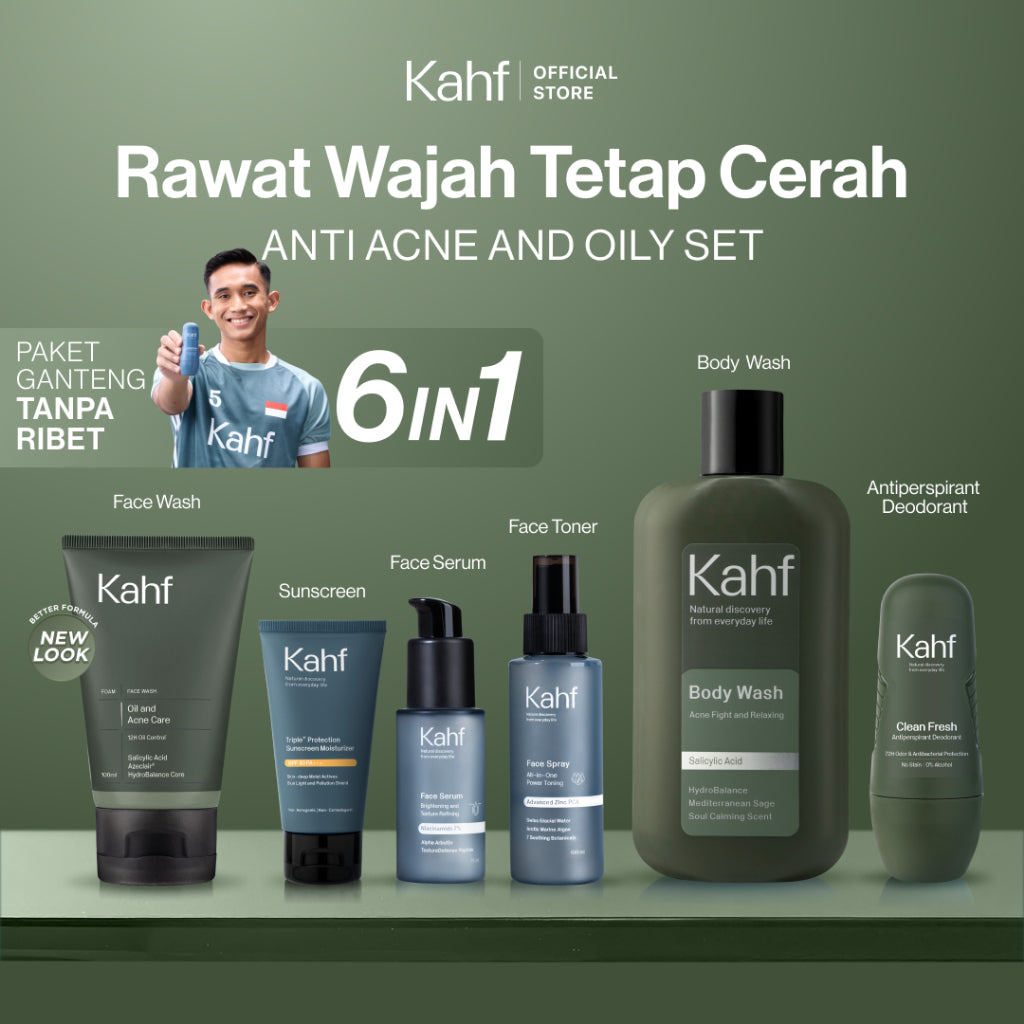[SPECIAL 11.11 : KAHF BUNDLE 6IN1 PAKET GANTENG TANPA RIBET] Paket Complete Set (Face Wash + Toner + Serum + Sunscreen Moisturizer + Body Wash + Deodorant) - Rawat Wajah Tetap Cerah & Tanpa Jerawat - Suitable for Daily Use