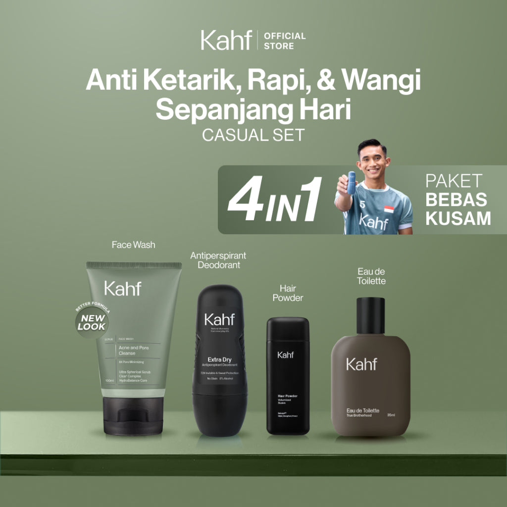[KAHF BUNDLE 4IN1 PAKET BEBAS KUSAM : ANTI KETARIK, RAPI, & WANGI SEPANJANG HARI] Paket Grooming (Pomade/Hair Powder + Face Wash + Deodorant + Eau de Toilette) - Approved by Barber and Suitable for Daily Use