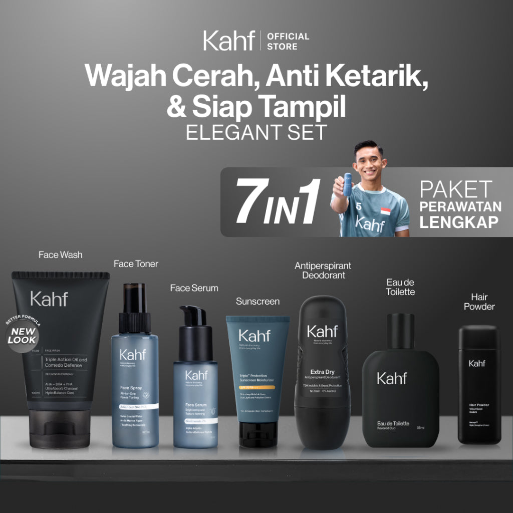 [KAHF BUNDLE 7IN1 PAKET PERAWATAN LENGKAP : WAJAH CERAH, ANTI KETARIK, & SIAP TAMPIL] Paket Complete Grooming (Face Wash + Toner + Serum + Sunscreen Moisturizer + Deodorant + EDT + Pomade/Hair Powder) - Approved by Barber and Suitable for Daily Use