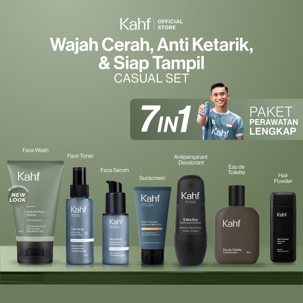 [KAHF BUNDLE 7IN1 PAKET PERAWATAN LENGKAP : WAJAH CERAH, ANTI KETARIK, & SIAP TAMPIL] Paket Complete Grooming (Face Wash + Toner + Serum + Sunscreen Moisturizer + Deodorant + EDT + Pomade/Hair Powder) - Approved by Barber and Suitable for Daily Use