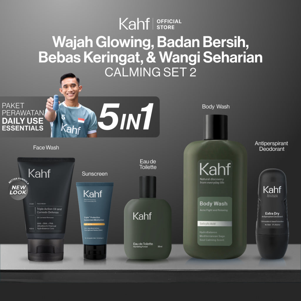 [CREATOR'S PICK - KAHF BUNDLE 5IN1 PAKET PERAWATAN DAILY USE ESSENTIALS : WAJAH GLOWING, BADAN BERSIH, BEBAS KERINGAT, & WANGI SEHARIAN] Paket Personal Care (Face Wash + Sunscreen + Body Wash + Deodorant + Eau de Toilette) - Suitable for Daily Use