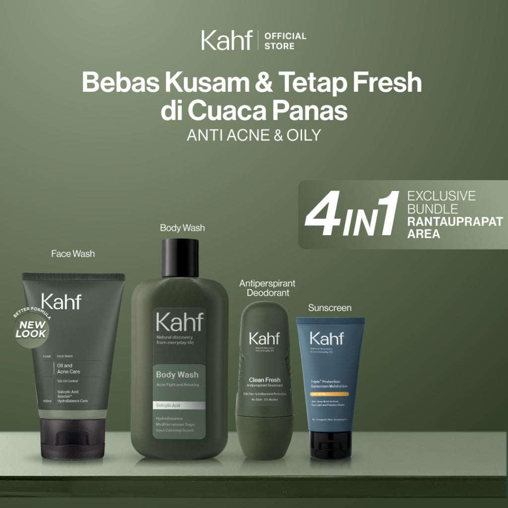 [EXCLUSIVE BUNDLE FOR RANTAUPRAPAT AREA] Kahf 4in1 Paket Bebas Kusam & Tetap Fresh di Cuaca Panas (Face Wash + Sunscreen + Deodorant + Body Wash) - Suitable for Daily Use
