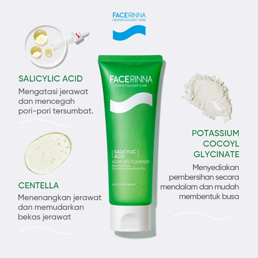 FACERINNA Salicylic Acid Acne Gel Cleanser 70ml / 120ml  | Gentle Sabun Cuci Muka Menenangkan Jerawat Mengontrol Minyak & Menghilangkan Komedo Oil Control Clean Calming Down Facial Wash Skincare Face Wash Cleansing Balm Pembersih Wajah  | Panthenol Gentl