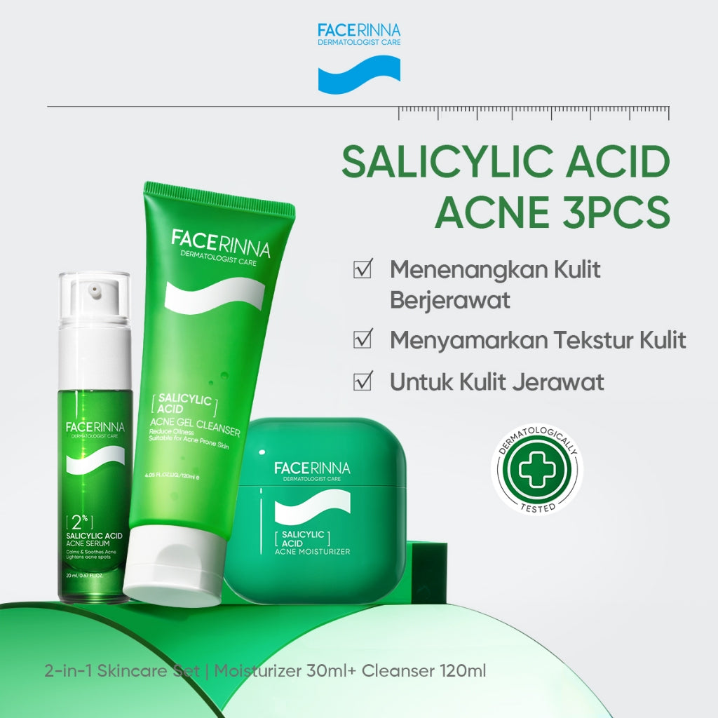 FACERINNA Complete Acne Solution 3pcs / 4pcs Skincare Set | Moisturizer + Serum + Toner + Cleanser | Anti Jerawat Acne Treatment Menghilangkan Bekas Jerawat Kulit Beruntusan Mencegah Jerawat Datang Lagi Calms Acnes & Prevents Breakout With Salicylic Acid