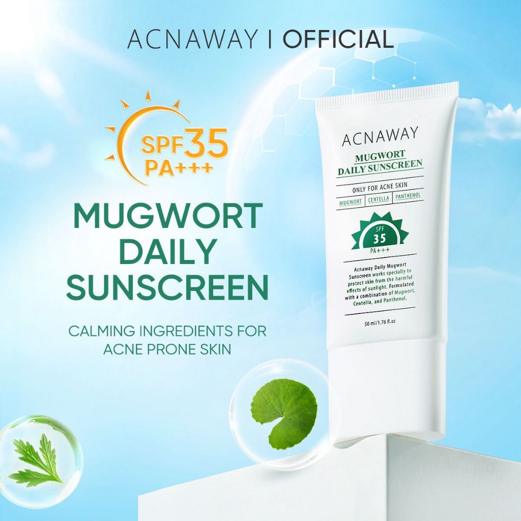 ACNAWAY Mugwort Daily Sunscreen SPF 35 PA+++ – Sunscreen Wajah Ringan UV Protection Lightweight No Whitecase No Comedogenic Acne Calming Tabir Surya Cepat Menyerap untuk Kulit Berjerawat Melembapkan & Melindungi Kulit Berjerawat Cocok Semua Jenis Kulit