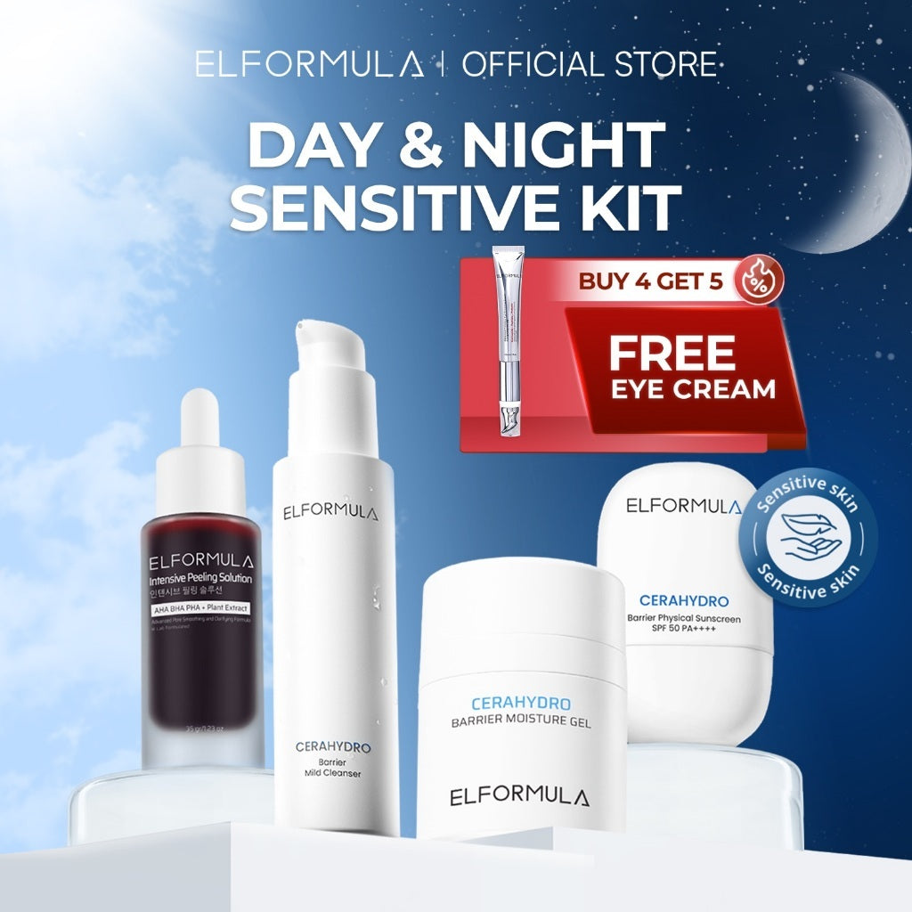 ELFORMULA Day & Night Bundle - Daily Gentle Low pH Facial Cleanser + CeraHydro Barrier Repair Moisture Gel + Intensive Peeling Solution + CeraHydro Barrier Repair Sunscreen SPF 50+++