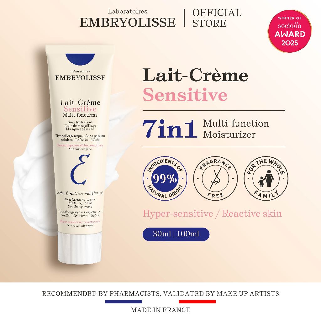 Embryolisse Lait-Creme Sensitive 30/100ml 7 IN 1 Pelembab Moisturizer Wajah Makeup Cleanser Remover Makeup Base Primer Masker Wajah