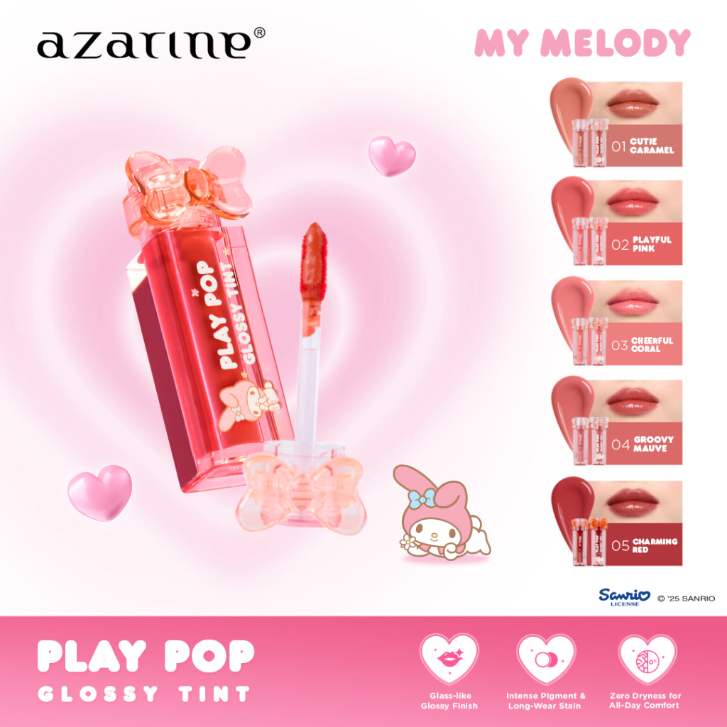 Azarine Play Pop Glossy Tint [3ml] Liptint Glossy Tahan Lama Extra Moisturizing dengan Hyaluronic Acid dan Peptide Melembabkan Menutrisi Bibir Kering